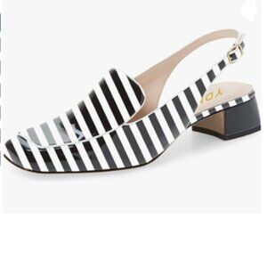 YDN Black Stripe Square Toe Block Low Heels Slingback Formal Loafer Dressy Pump